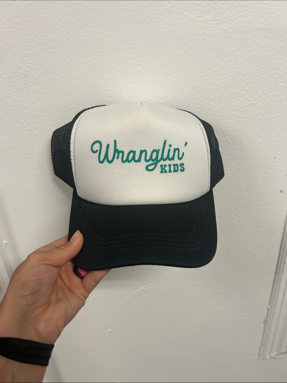 Wranglin’ Kids Trucker Hat Black White Mesh Snapback Cap One Size